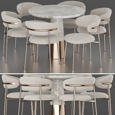 Elegant Modern Dining Table Set With Marble Top Upholstered Seats And Gold Metal Legs 3d model