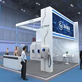 Modern Exhibition Booth In Blue And White With Digital Screens And Reception Counter For Visitors
