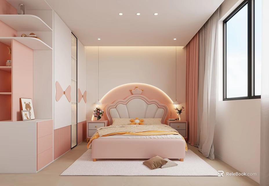 Pink Kids Room Interior With Curved Headboard Bed Bow Decorations And Soft Rug 3d model 