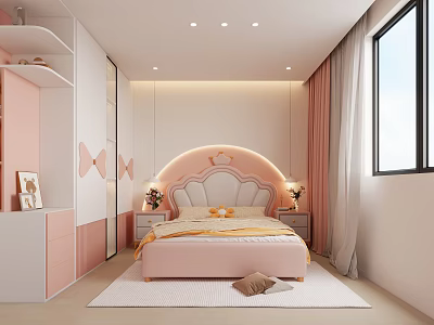 Pink Kids Room Interior With Curved Headboard Bed Bow Decorations And Soft Rug 3d model