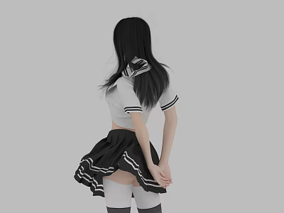 Young Woman In Sailor Uniform With Black Skirt And Knee High Socks Back View 3d model