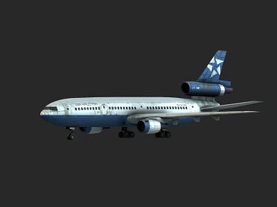 Blue And White Jet Airliner With Star Emblem On Tail In Side View 3d model