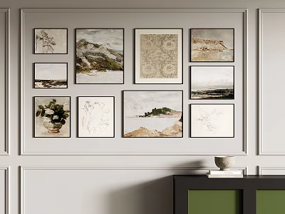 White Wall With Multiple Framed Paintings And Green Cabinet With Bowl And Books 3d model