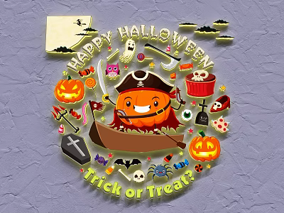 Halloween Themed Wall Decor With Pumpkin Pirate Skull Tombstone Bats And Trick Or Treat 3d model