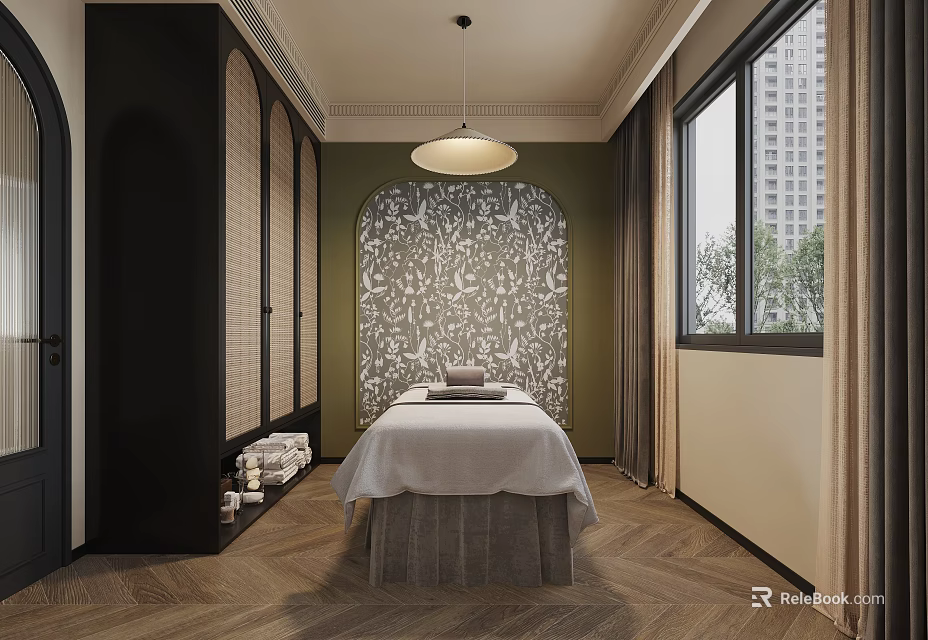 Serene SPA Room Interior With Massage Table White Sheet Patterned Wall Wicker Screens And Window 3d model 