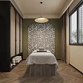 Serene SPA Room Interior With Massage Table White Sheet Patterned Wall Wicker Screens And Window