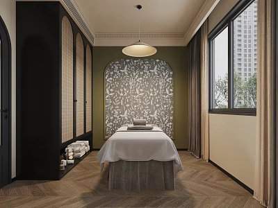 Serene SPA Room Interior With Massage Table White Sheet Patterned Wall Wicker Screens And Window 3d model