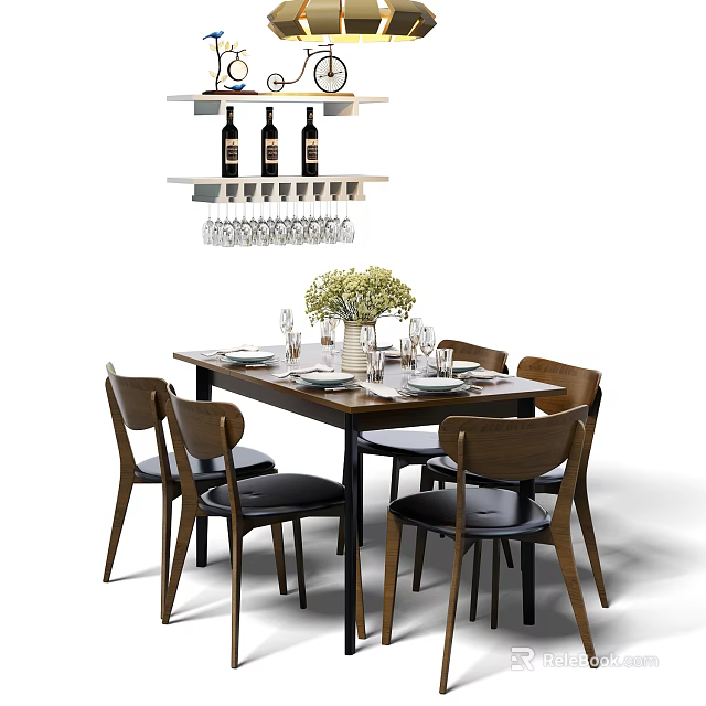 Dining Table Set With Wooden Chairs Tableware Vase Wine Rack And Glasses 3d model