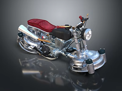 Custom Silver Motorcycle With Red Seat Black Handlebars And Metallic Engine Details 3d model