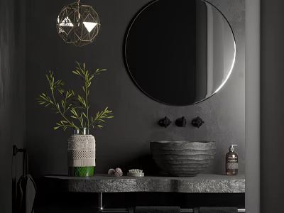 Modern Bathroom Washbasin Vanity With Round Mirror Geometric Pendant Light Stone Basin And Green Plant 3d model