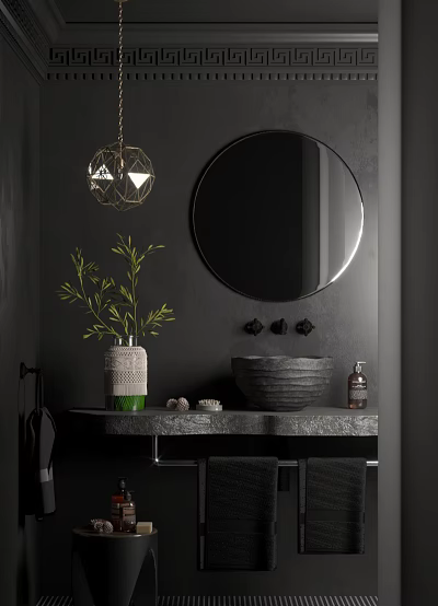 Modern Bathroom Washbasin Vanity With Round Mirror Geometric Pendant Light Stone Basin And Green Plant 3d model