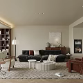 Modern Living And Dining Room Interior Design With Black Sofa Bookshelf And Geometric Rug