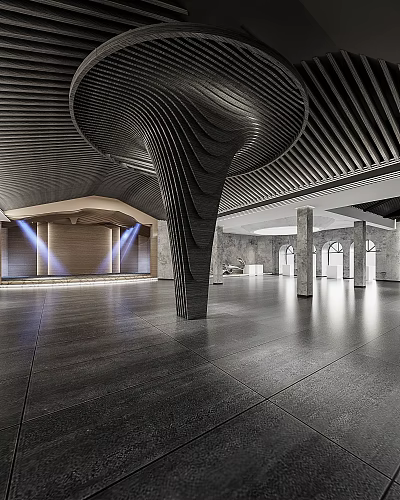 Modern Hotel Lobby With Spiral Columns Wooden Elements And Polished Black Floor 3d model