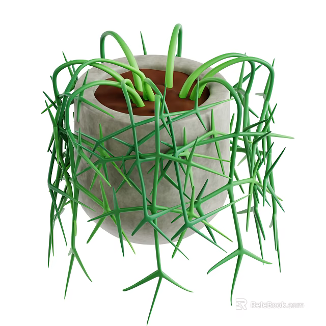 Hanging Plant With Green Long Trailing Stems In Gray Concrete Pot And Brown Soil 3d model 