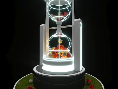 Modern Window Display With Hourglass Structure Transparent Spheres Red Decorations White Lighting And Grass Base 3d model