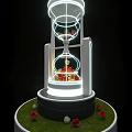 Modern Window Display With Hourglass Structure Transparent Spheres Red Decorations White Lighting And Grass Base