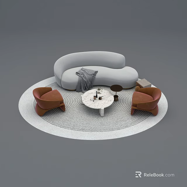Curved Gray Sofa with Two Brown Armchairs and White Round Coffee Table on Light Rug 3d model 