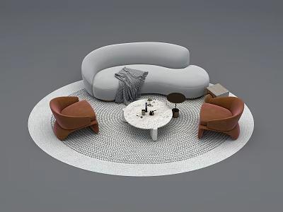 Curved Gray Sofa with Two Brown Armchairs and White Round Coffee Table on Light Rug 3d model