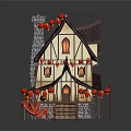 Cartoon Chinese Traditional House With Curved Roof Red Lanterns Dragon Decorations And Wooden Stairs