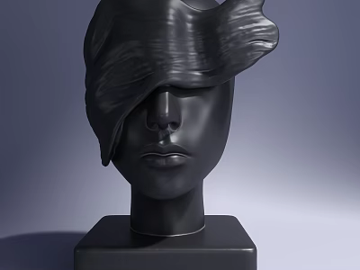 Artistic Black Doll Head With Wavy Sculptural Detail On Square Base 3d model