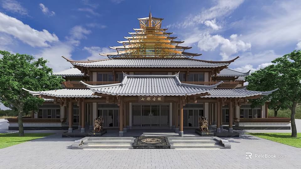 Ancient Traditional Architecture with Tiered Tile Roof Overhanging Eaves Stone Lions and Steps at Entrance 3d model 