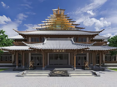 Ancient Traditional Architecture with Tiered Tile Roof Overhanging Eaves Stone Lions and Steps at Entrance 3d model