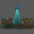 Fantasy Scene With Blue Lighted Tower Brown Decorative Walls Green Plants And Shells
