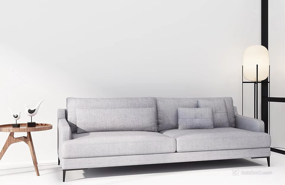 Modern Gray Fabric Two Seater Sofa Interior With Wooden Side Table And Floor Lamp 3d model 