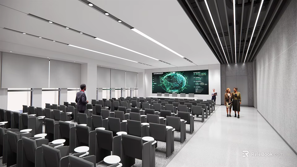 Modern Conference Room With Large Screen Showing Globe And Data Visualization Rows Of Seats 3d model 
