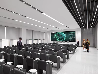 Modern Conference Room With Large Screen Showing Globe And Data Visualization Rows Of Seats 3d model