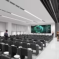 Modern Conference Room With Large Screen Showing Globe And Data Visualization Rows Of Seats