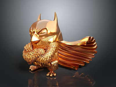 Golden Stylized Batman Figurine Featuring Bat Ears Muscular Torso And Flowing Cape 3d model