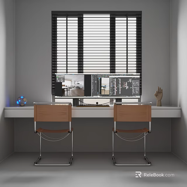 Modern Home Office Desk By Window With Computer Monitor Two Chairs And Decorative Items 3d model 