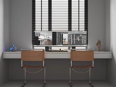 Modern Home Office Desk By Window With Computer Monitor Two Chairs And Decorative Items 3d model