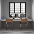 Modern Home Office Desk By Window With Computer Monitor Two Chairs And Decorative Items