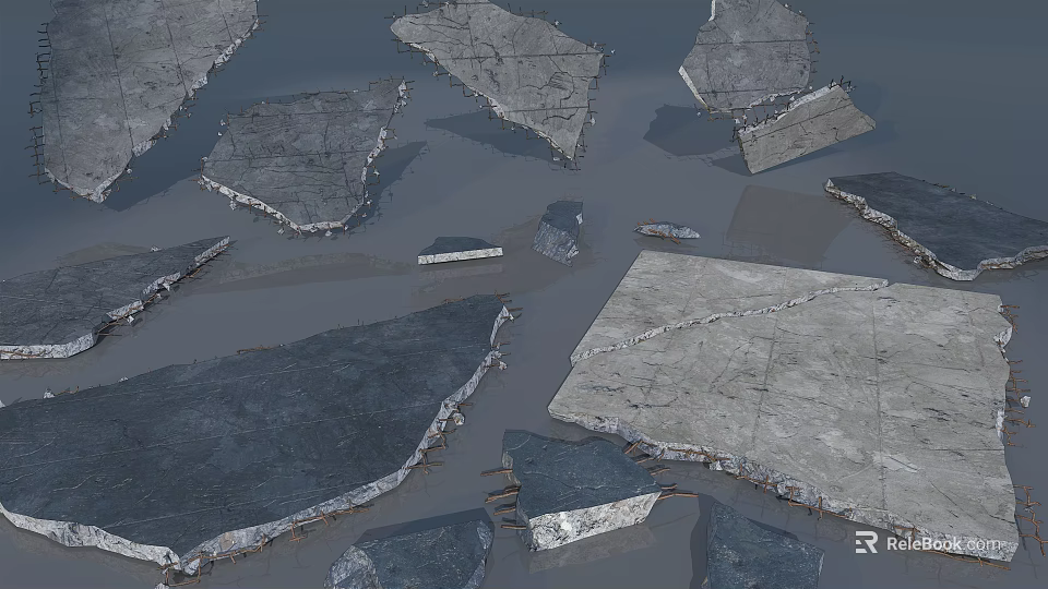 Natural Stone and Wood Pieces Scattered on Ground with Textured Surfaces 3d model 