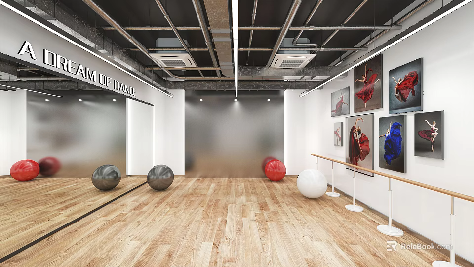 REAMU Fitness Studio Featuring Mirror Walls Wooden Floors Fitness Balls Dance Barres And Art Paintings 3d model 