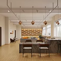 Modern Open Lounge Area Design With Wooden Floor Sofa Bar Stools And Pendant Lights