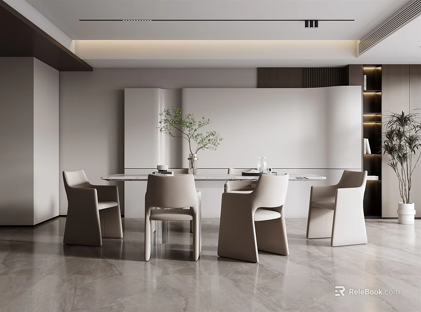 Modern Restaurant Interior Design With White Dining Table Chairs And Green Plants 3d model