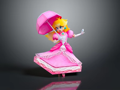 Princess Figure With Blonde Hair Pink Umbrella Pink Dress Crown Necklace Standing Against Gray Background 3d model