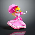 Princess Figure With Blonde Hair Pink Umbrella Pink Dress Crown Necklace Standing Against Gray Background