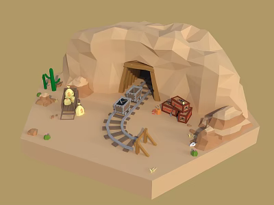 Low Poly Mine Cave With Railway Track Mine Cart Cactus And Lantern On Sandy Ground 3d model