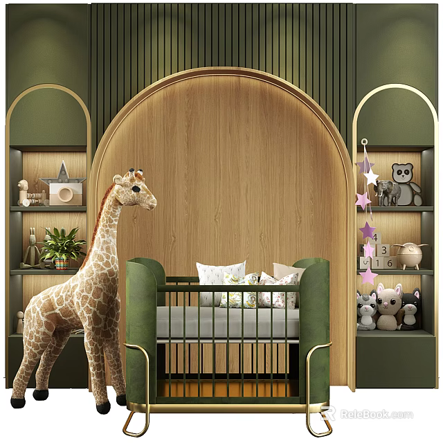 Green Baby Crib In Nursery With Plush Giraffe Toy Side Shelves And Wooden Curved Wall 3d model 