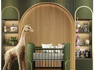 Green Baby Crib In Nursery With Plush Giraffe Toy Side Shelves And Wooden Curved Wall 3d model