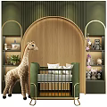 Green Baby Crib In Nursery With Plush Giraffe Toy Side Shelves And Wooden Curved Wall