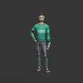 3D Male Character Model In Green Sweater And Purple Pants Standing Against Gray Background