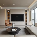 Modern Living Dining Area With Large Windows City View Sofa Round Coffee Table Chair Plant