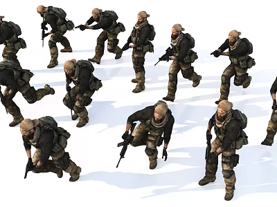 Men In Military Uniforms With Tactical Gear And Weapons Moving In Action Poses 3d model