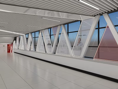Modern Exhibition Hall With Triangular Display Windows Glass Curtain Walls And Linear Ceiling Lights 3d model
