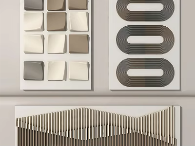 Modern Wall Decor with Geometric Square Panels and Wavy Striped Wooden Designs 3d model